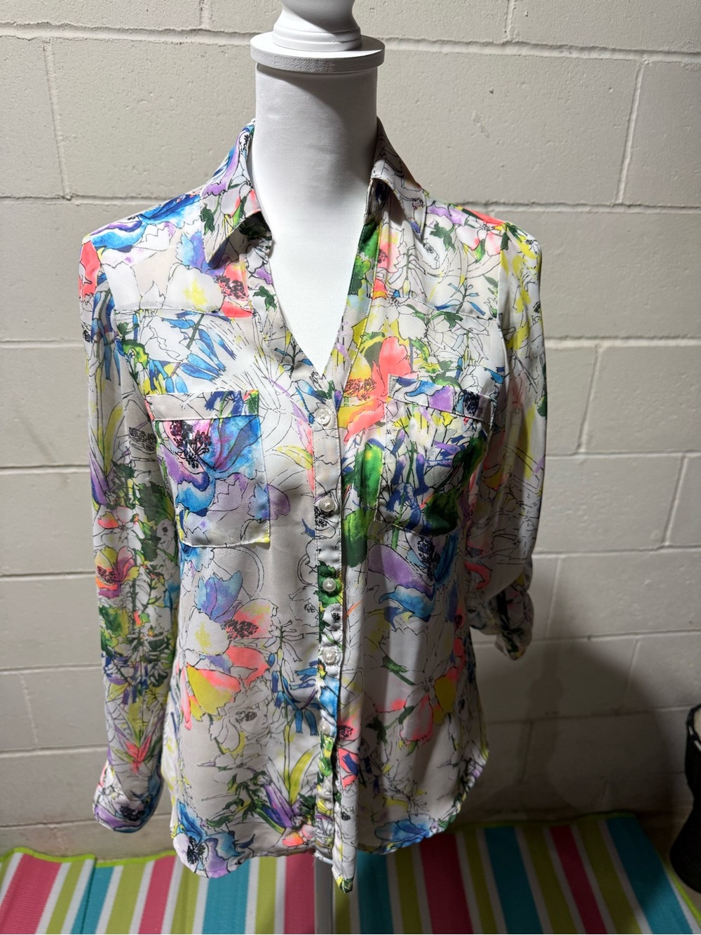 Express White Button-Down Blouse with Multicolor Watercolor Floral Print
